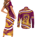 Brisbane Broncos Rugby Mascot Couples Matching Short Sleeve Bodycon Dress and Long Sleeve Button Shirt Fierce Athlete Graphic in Sports Style
