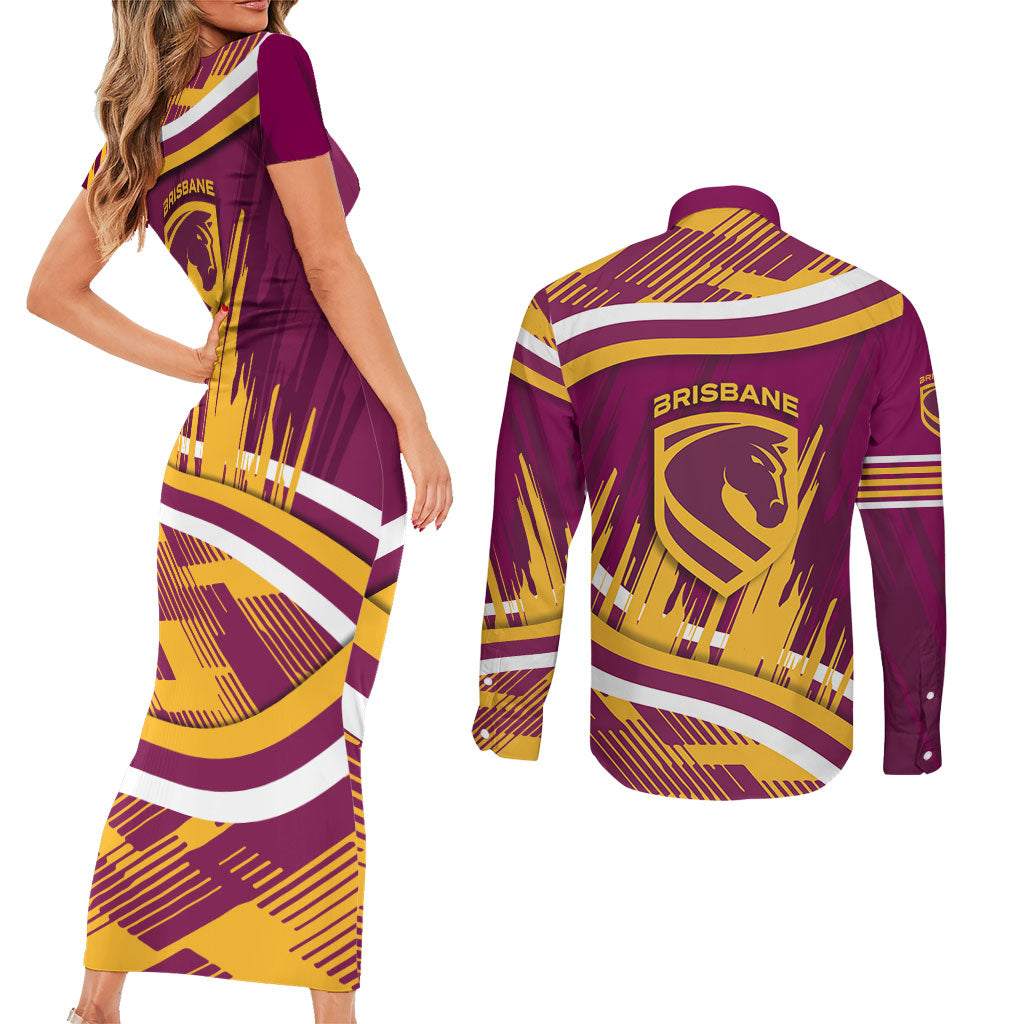 Brisbane Broncos Rugby Mascot Couples Matching Short Sleeve Bodycon Dress and Long Sleeve Button Shirt Fierce Athlete Graphic in Sports Style