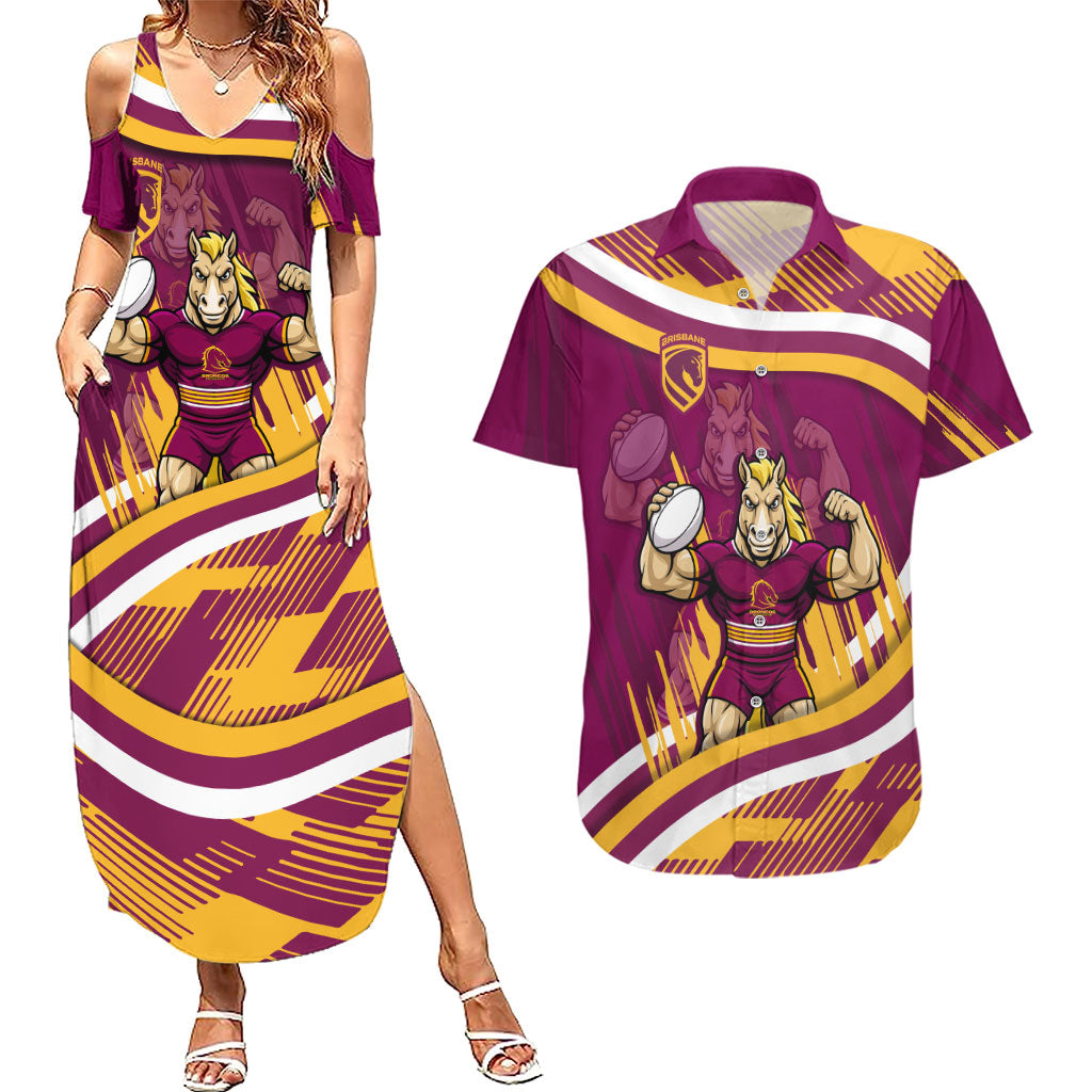 Brisbane Broncos Rugby Mascot Couples Matching Summer Maxi Dress and Hawaiian Shirt Fierce Athlete Graphic in Sports Style