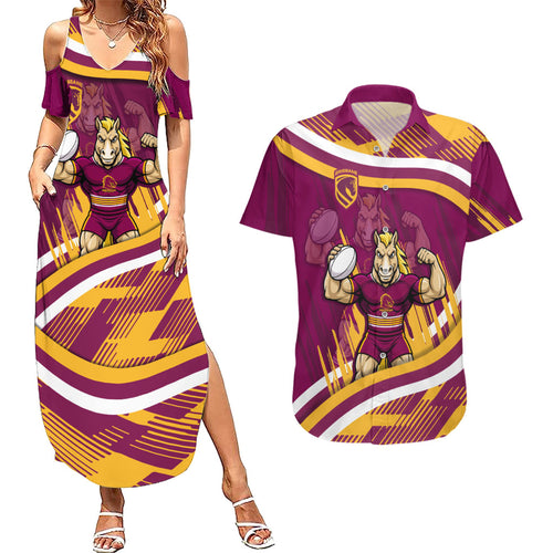 Brisbane Broncos Rugby Mascot Couples Matching Summer Maxi Dress and Hawaiian Shirt Fierce Athlete Graphic in Sports Style
