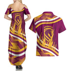 Brisbane Broncos Rugby Mascot Couples Matching Summer Maxi Dress and Hawaiian Shirt Fierce Athlete Graphic in Sports Style