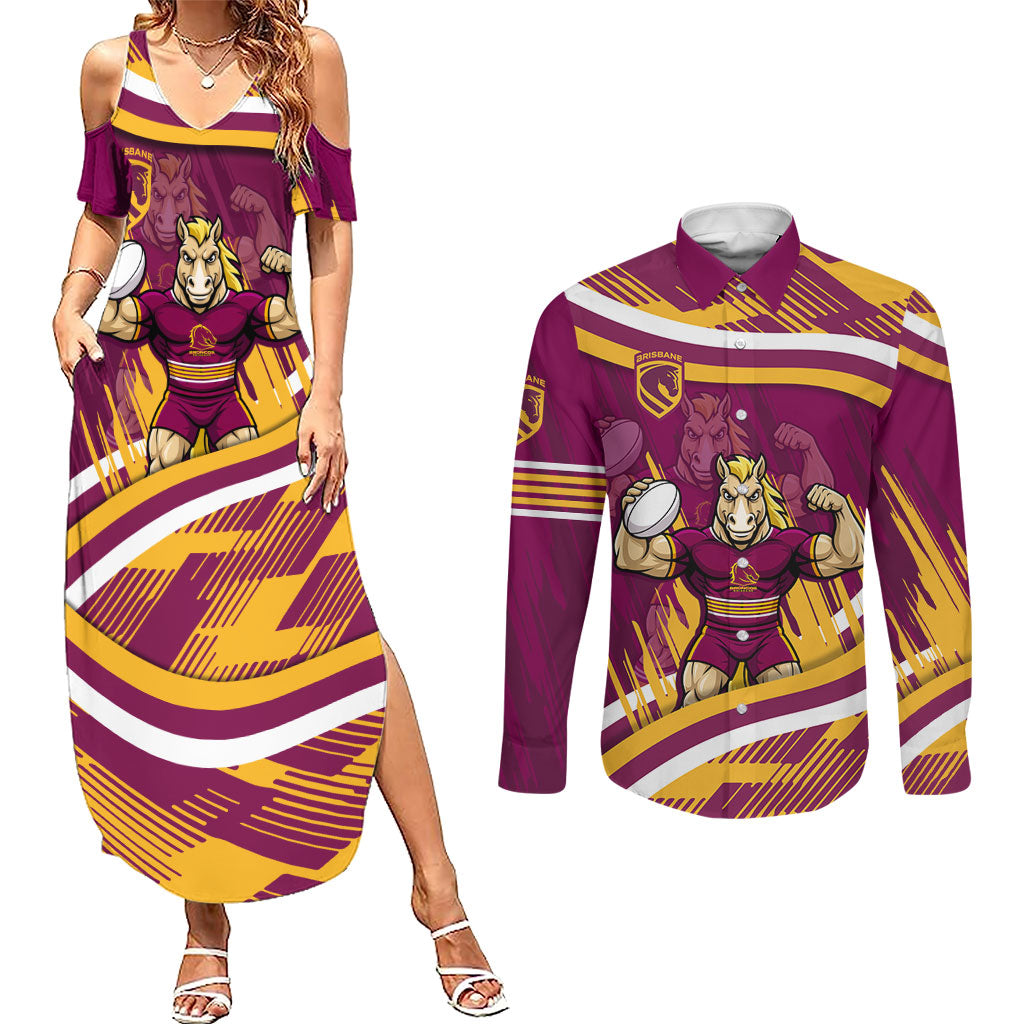 Brisbane Broncos Rugby Mascot Couples Matching Summer Maxi Dress and Long Sleeve Button Shirt Fierce Athlete Graphic in Sports Style
