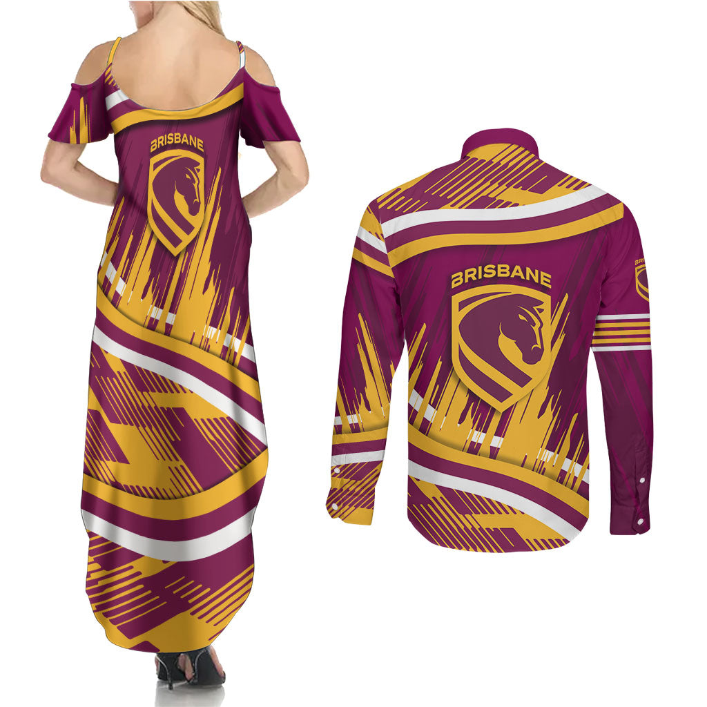Brisbane Broncos Rugby Mascot Couples Matching Summer Maxi Dress and Long Sleeve Button Shirt Fierce Athlete Graphic in Sports Style