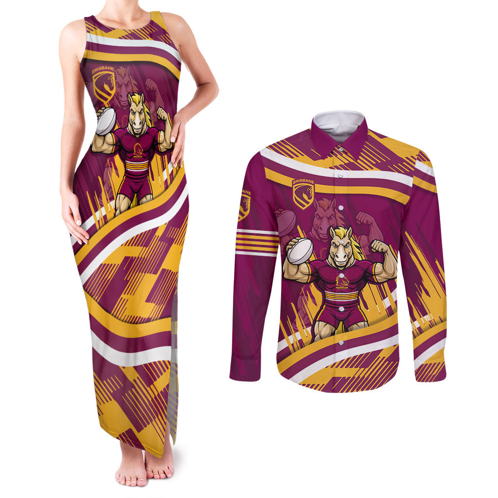 Brisbane Broncos Rugby Mascot Couples Matching Tank Maxi Dress and Long Sleeve Button Shirt Fierce Athlete Graphic in Sports Style