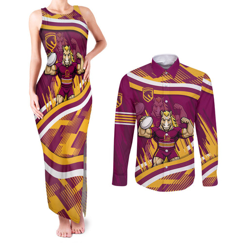 Brisbane Broncos Rugby Mascot Couples Matching Tank Maxi Dress and Long Sleeve Button Shirt Fierce Athlete Graphic in Sports Style