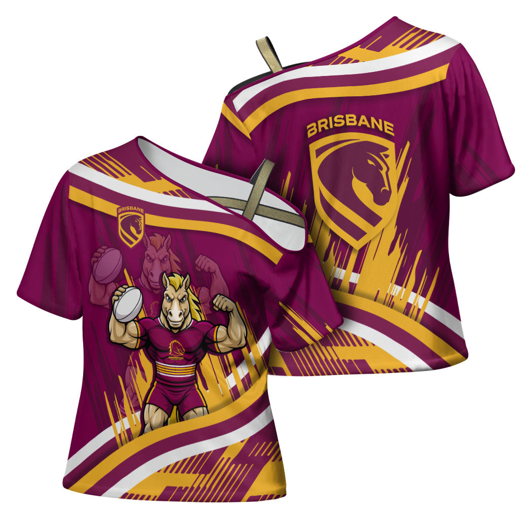 Brisbane Broncos Rugby Mascot Cross Shoulder Shirt Fierce Athlete Graphic in Sports Style