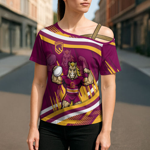 Brisbane Broncos Rugby Mascot Cross Shoulder Shirt Fierce Athlete Graphic in Sports Style