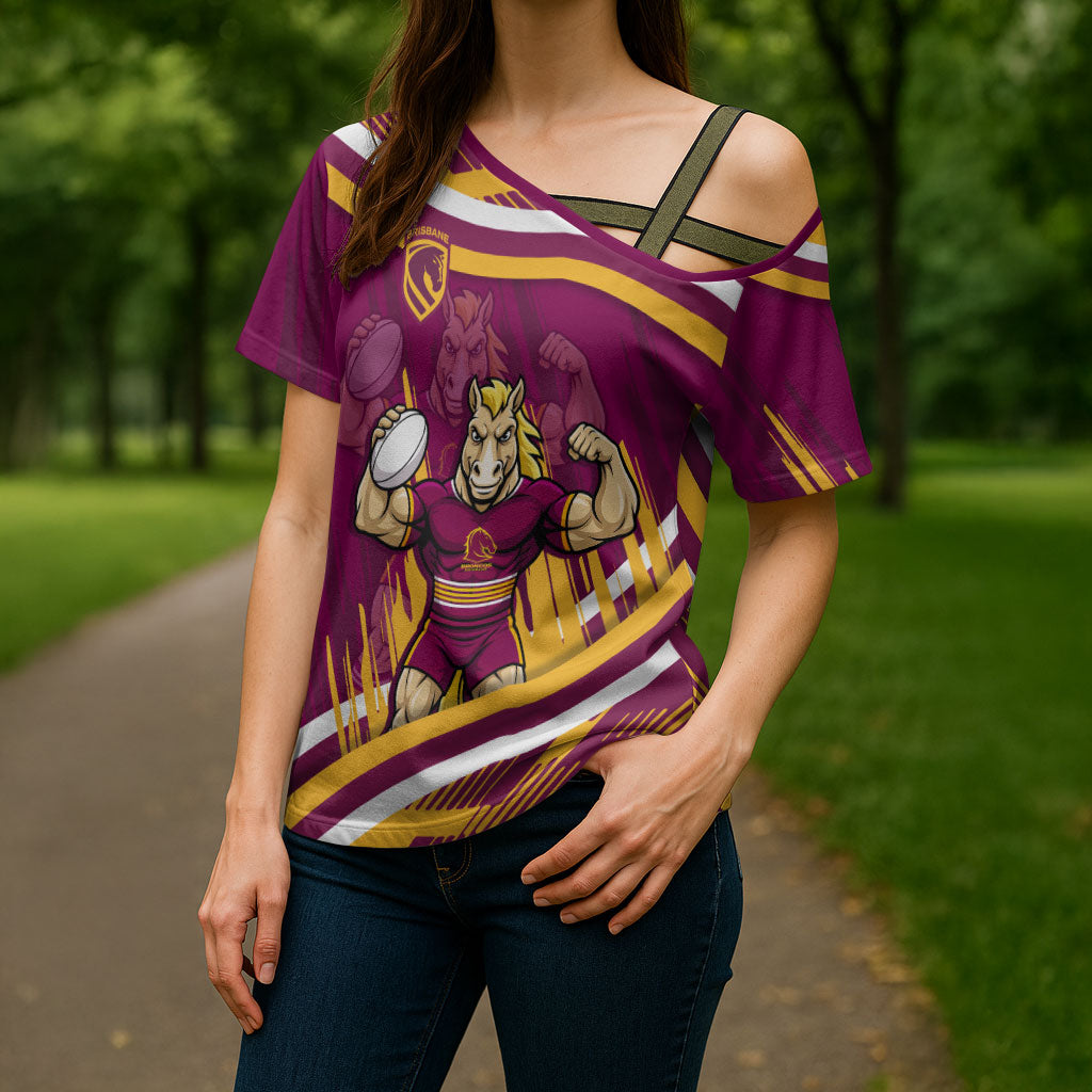Brisbane Broncos Rugby Mascot Cross Shoulder Shirt Fierce Athlete Graphic in Sports Style