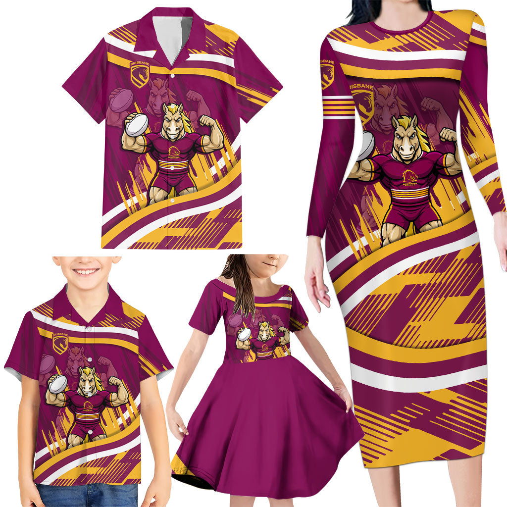 Brisbane Broncos Rugby Mascot Family Matching Long Sleeve Bodycon Dress and Hawaiian Shirt Fierce Athlete Graphic in Sports Style
