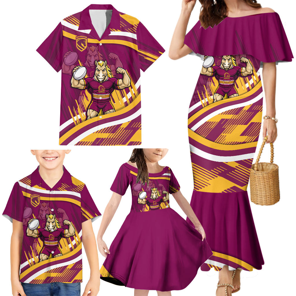 Brisbane Broncos Rugby Mascot Family Matching Mermaid Dress and Hawaiian Shirt Fierce Athlete Graphic in Sports Style
