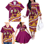 Brisbane Broncos Rugby Mascot Family Matching Off The Shoulder Long Sleeve Dress and Hawaiian Shirt Fierce Athlete Graphic in Sports Style