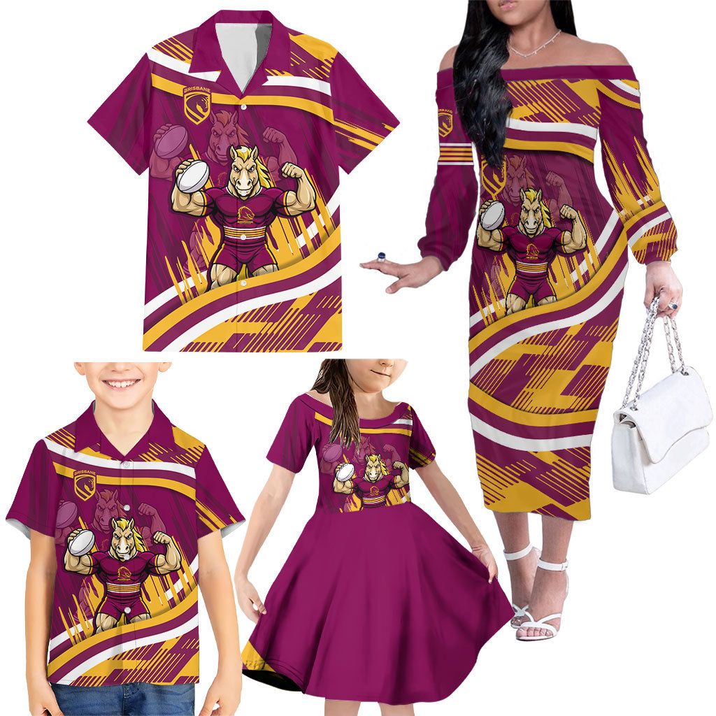 Brisbane Broncos Rugby Mascot Family Matching Off The Shoulder Long Sleeve Dress and Hawaiian Shirt Fierce Athlete Graphic in Sports Style