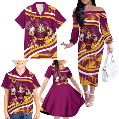 Brisbane Broncos Rugby Mascot Family Matching Off The Shoulder Long Sleeve Dress and Hawaiian Shirt Fierce Athlete Graphic in Sports Style