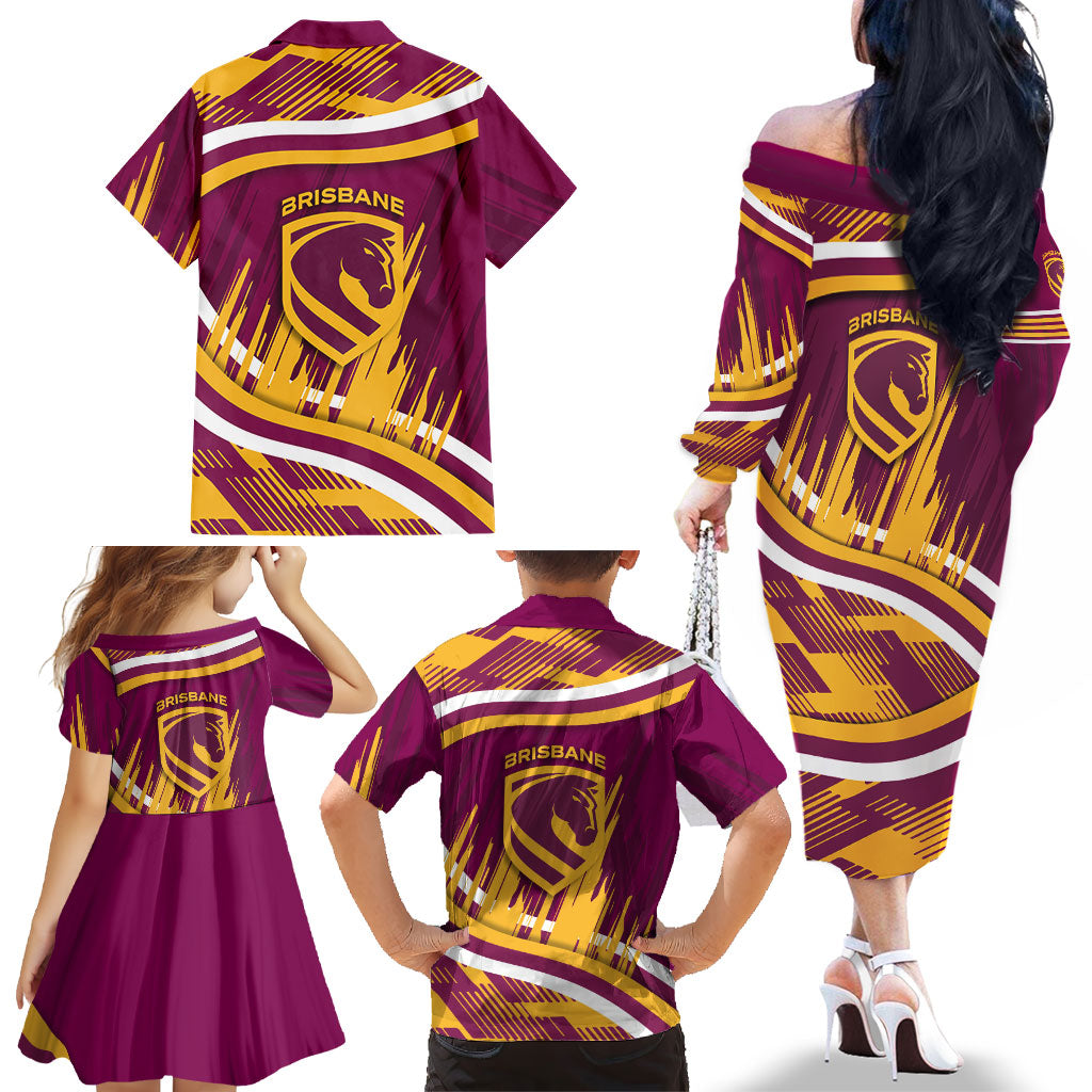 Brisbane Broncos Rugby Mascot Family Matching Off The Shoulder Long Sleeve Dress and Hawaiian Shirt Fierce Athlete Graphic in Sports Style