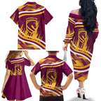 Brisbane Broncos Rugby Mascot Family Matching Off The Shoulder Long Sleeve Dress and Hawaiian Shirt Fierce Athlete Graphic in Sports Style