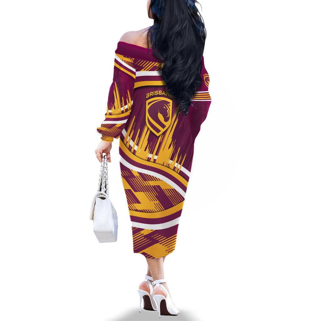 Brisbane Broncos Rugby Mascot Family Matching Off The Shoulder Long Sleeve Dress and Hawaiian Shirt Fierce Athlete Graphic in Sports Style