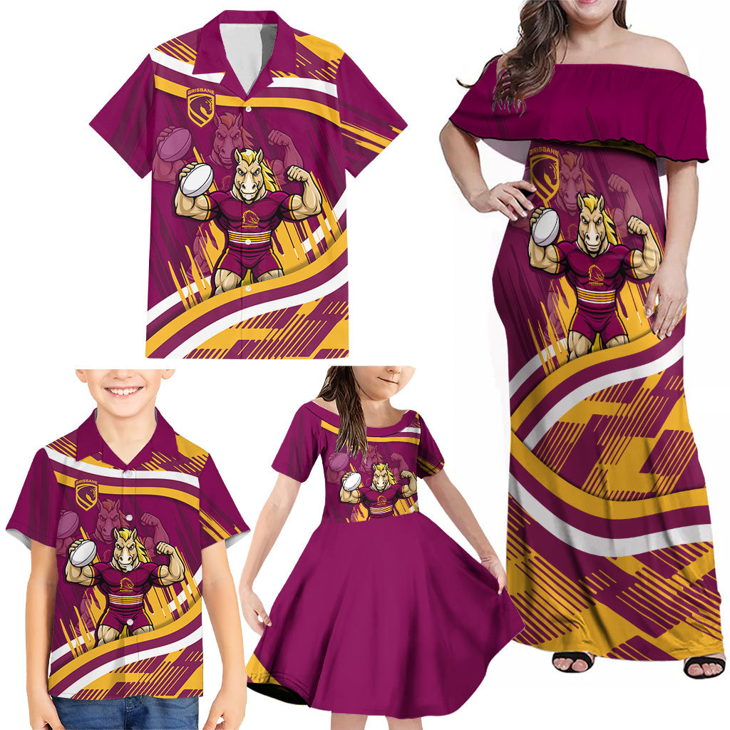 Brisbane Broncos Rugby Mascot Family Matching Off Shoulder Maxi Dress and Hawaiian Shirt Fierce Athlete Graphic in Sports Style