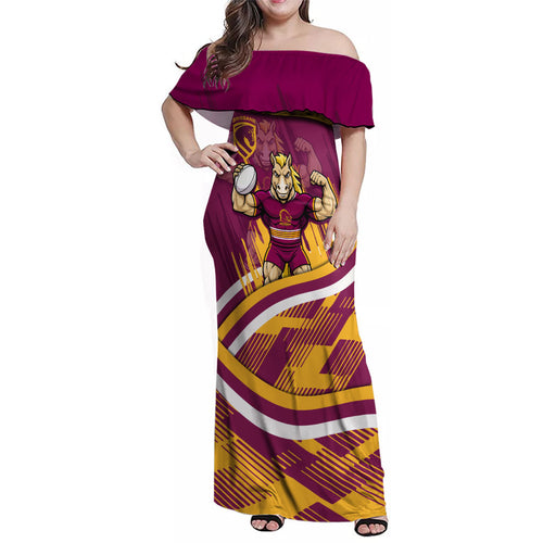 Brisbane Broncos Rugby Mascot Family Matching Off Shoulder Maxi Dress and Hawaiian Shirt Fierce Athlete Graphic in Sports Style