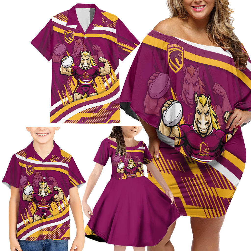 Brisbane Broncos Rugby Mascot Family Matching Off Shoulder Short Dress and Hawaiian Shirt Fierce Athlete Graphic in Sports Style