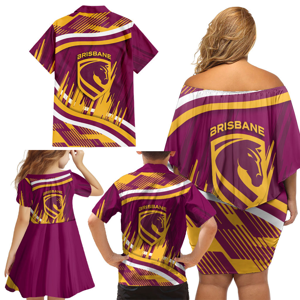 Brisbane Broncos Rugby Mascot Family Matching Off Shoulder Short Dress and Hawaiian Shirt Fierce Athlete Graphic in Sports Style