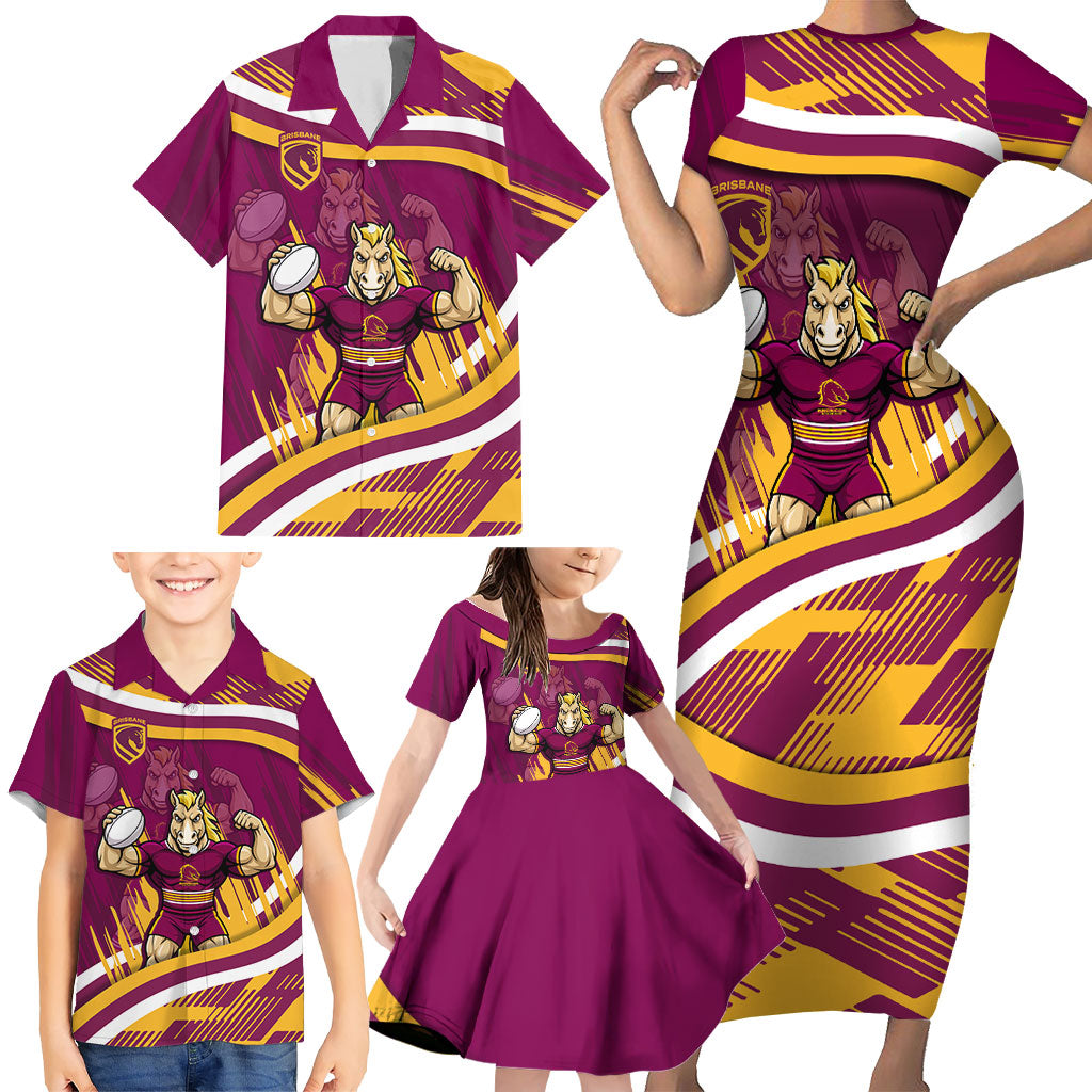 Brisbane Broncos Rugby Mascot Family Matching Short Sleeve Bodycon Dress and Hawaiian Shirt Fierce Athlete Graphic in Sports Style