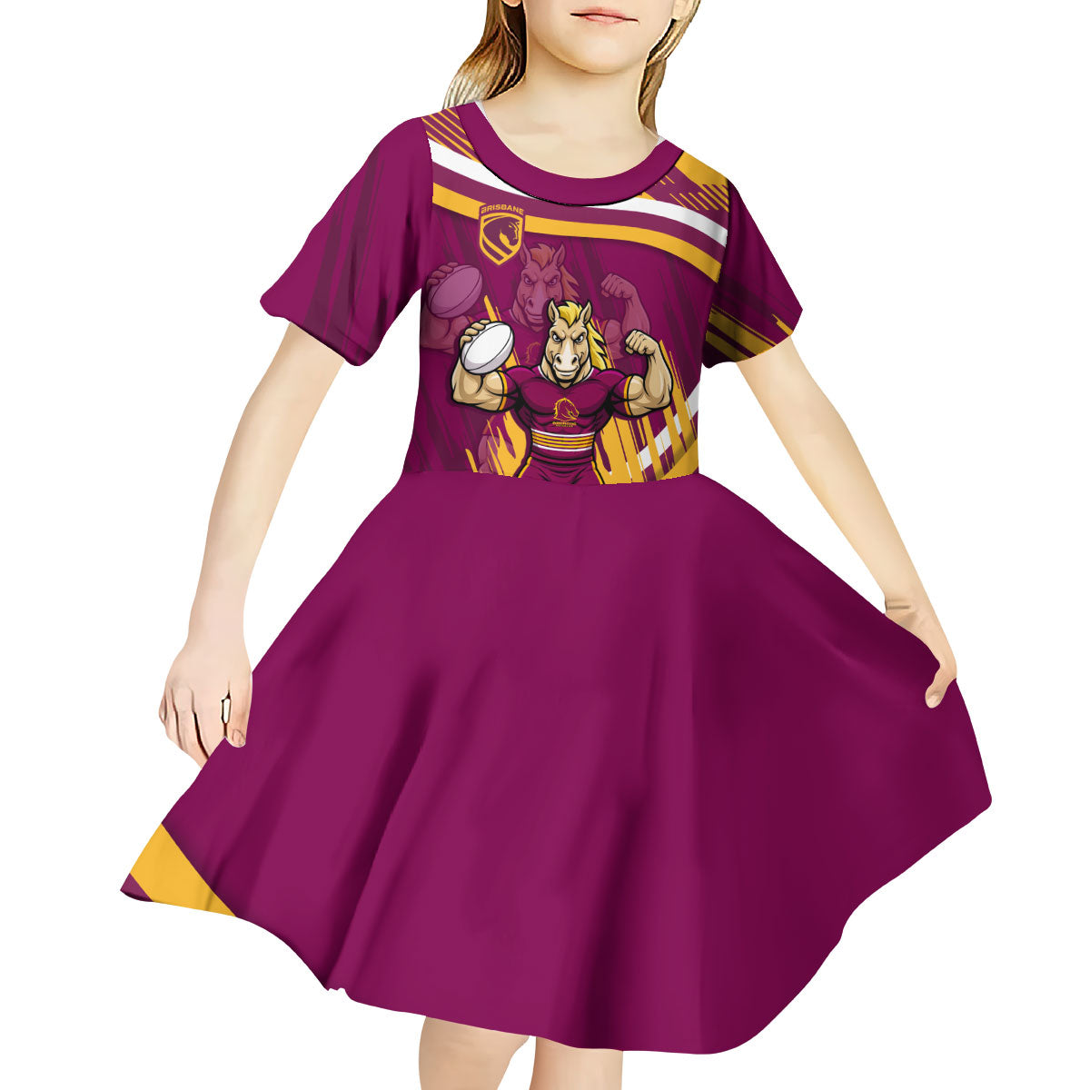 Brisbane Broncos Rugby Mascot Kid Short Sleeve Dress Fierce Athlete Graphic in Sports Style