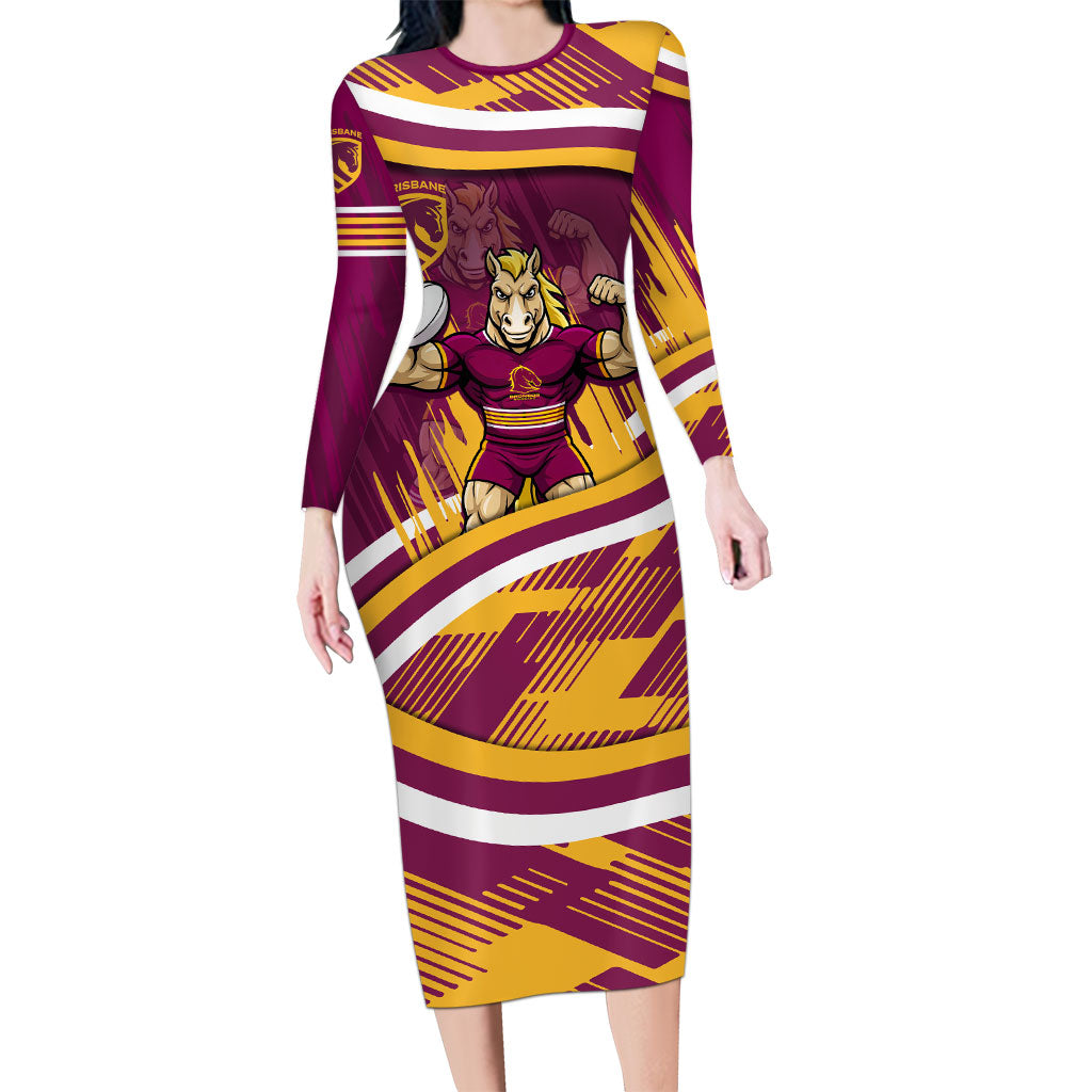 Brisbane Broncos Rugby Mascot Long Sleeve Bodycon Dress Fierce Athlete Graphic in Sports Style