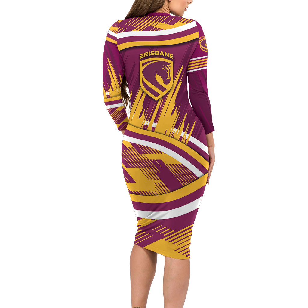 Brisbane Broncos Rugby Mascot Long Sleeve Bodycon Dress Fierce Athlete Graphic in Sports Style