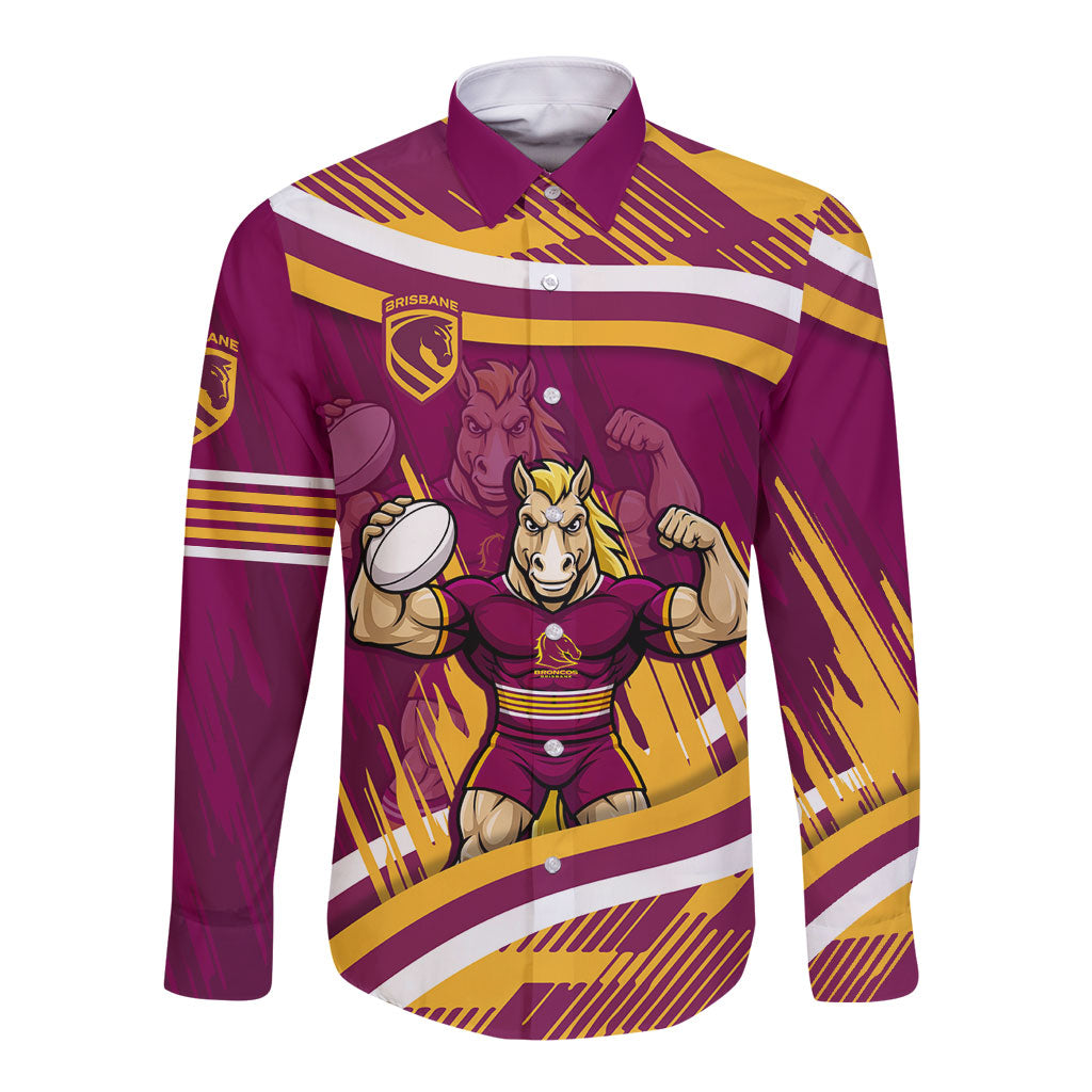 Brisbane Broncos Rugby Mascot Long Sleeve Button Shirt Fierce Athlete Graphic in Sports Style