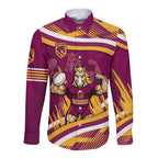 Brisbane Broncos Rugby Mascot Long Sleeve Button Shirt Fierce Athlete Graphic in Sports Style