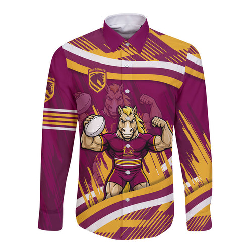 Brisbane Broncos Rugby Mascot Long Sleeve Button Shirt Fierce Athlete Graphic in Sports Style