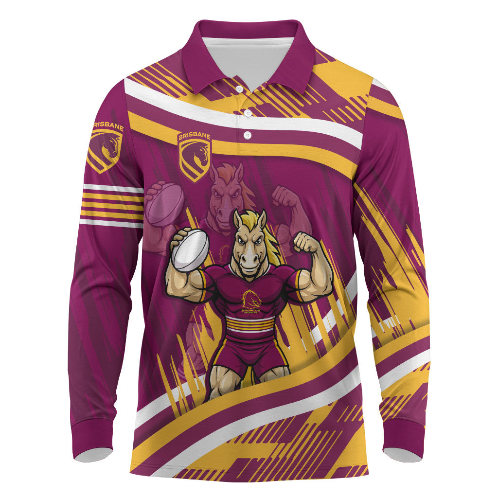 Brisbane Broncos Rugby Mascot Long Sleeve Polo Shirt Fierce Athlete Graphic in Sports Style
