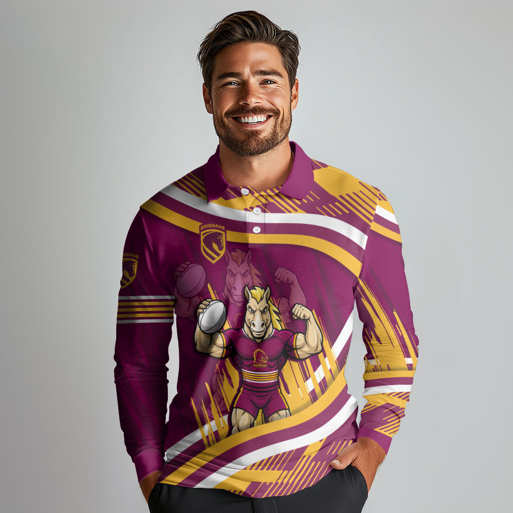 Brisbane Broncos Rugby Mascot Long Sleeve Polo Shirt Fierce Athlete Graphic in Sports Style