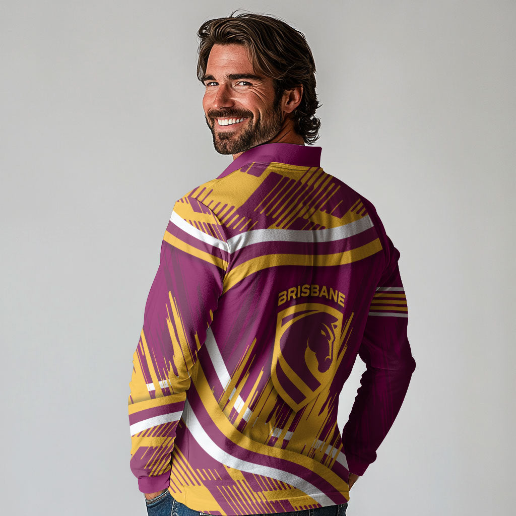 Brisbane Broncos Rugby Mascot Long Sleeve Polo Shirt Fierce Athlete Graphic in Sports Style