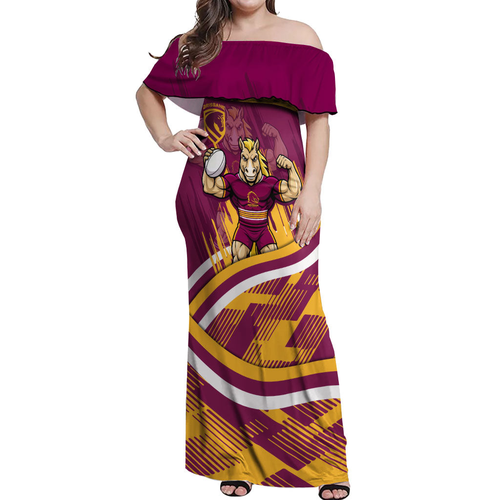 Brisbane Broncos Rugby Mascot Off Shoulder Maxi Dress Fierce Athlete Graphic in Sports Style