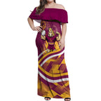 Brisbane Broncos Rugby Mascot Off Shoulder Maxi Dress Fierce Athlete Graphic in Sports Style