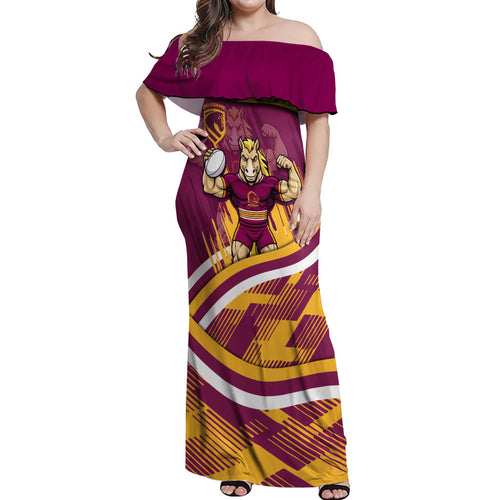 Brisbane Broncos Rugby Mascot Off Shoulder Maxi Dress Fierce Athlete Graphic in Sports Style