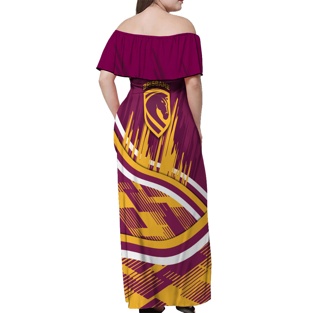 Brisbane Broncos Rugby Mascot Off Shoulder Maxi Dress Fierce Athlete Graphic in Sports Style