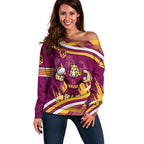Brisbane Broncos Rugby Mascot Off Shoulder Sweater Fierce Athlete Graphic in Sports Style