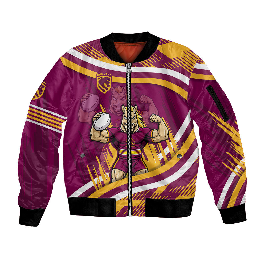 Brisbane Broncos Rugby Mascot Sleeve Zip Bomber Jacket Fierce Athlete Graphic in Sports Style