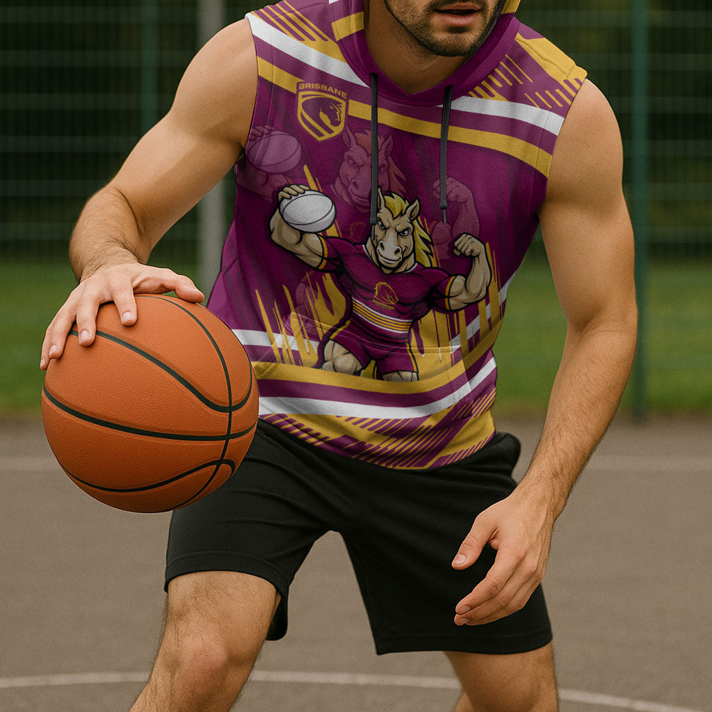Brisbane Broncos Rugby Mascot Sleeveless Hoodie Fierce Athlete Graphic in Sports Style