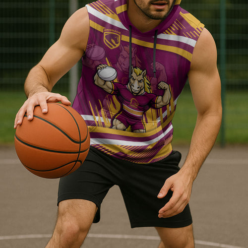 Brisbane Broncos Rugby Mascot Sleeveless Hoodie Fierce Athlete Graphic in Sports Style