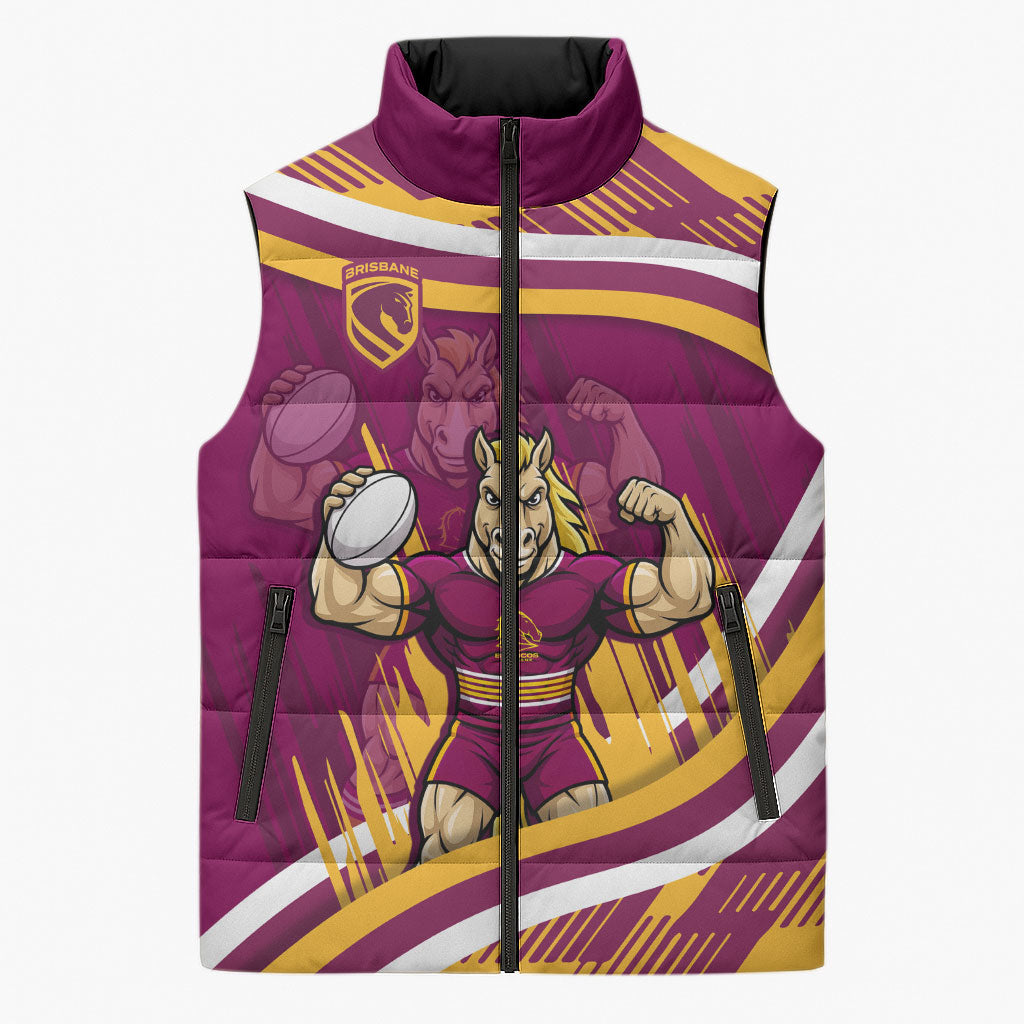 Brisbane Broncos Rugby Mascot Sleeveless Puffer Jacket Fierce Athlete Graphic in Sports Style