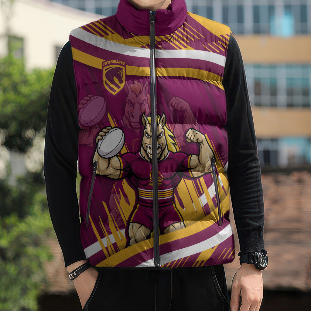 Brisbane Broncos Rugby Mascot Sleeveless Puffer Jacket Fierce Athlete Graphic in Sports Style