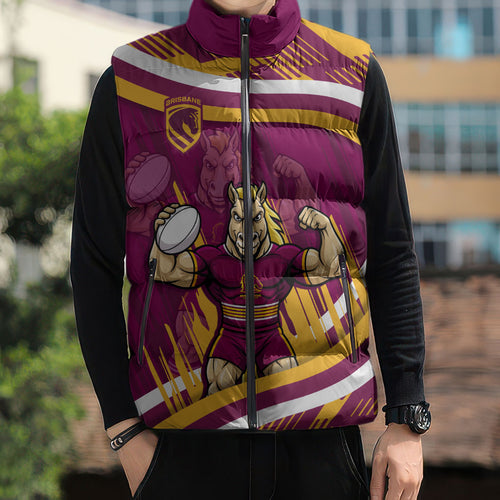 Brisbane Broncos Rugby Mascot Sleeveless Puffer Jacket Fierce Athlete Graphic in Sports Style