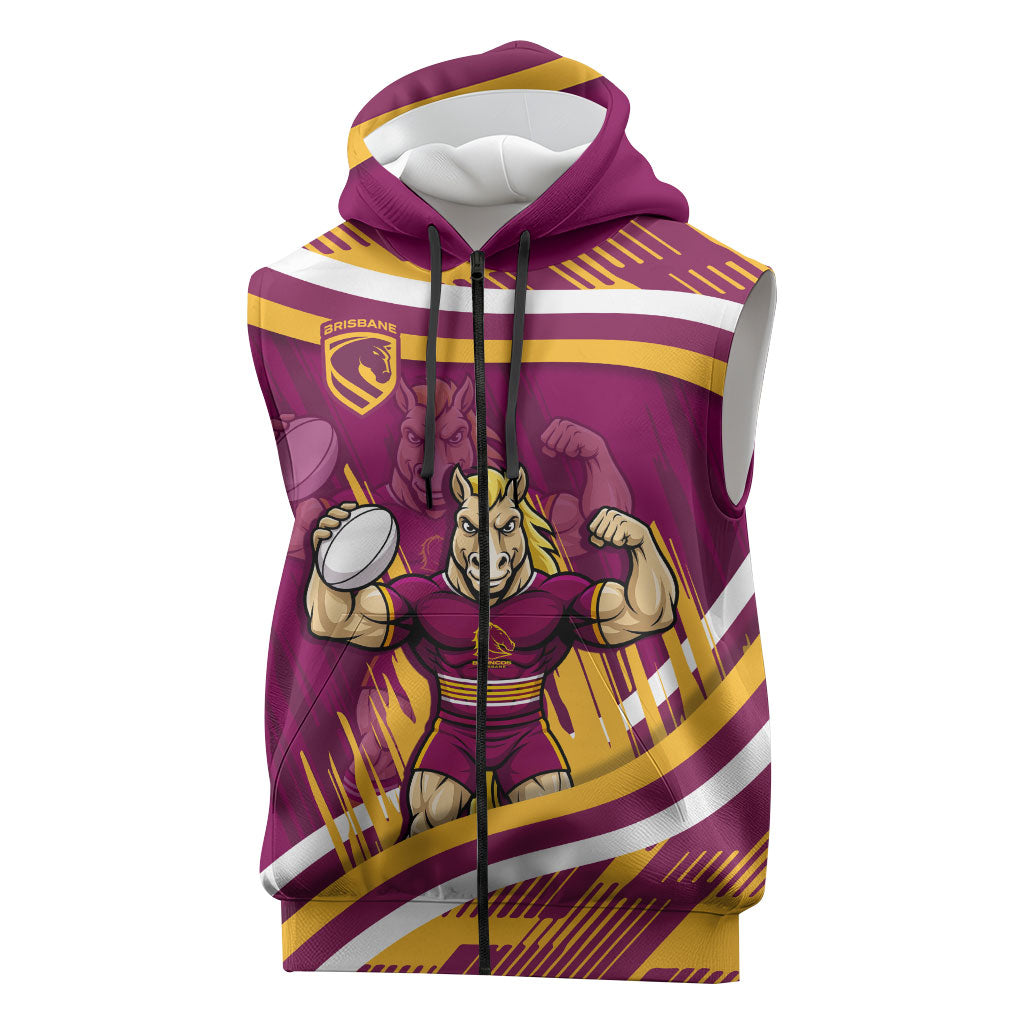 Brisbane Broncos Rugby Mascot Sleeveless Zip Hoodie Fierce Athlete Graphic in Sports Style