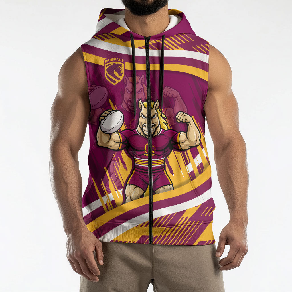 Brisbane Broncos Rugby Mascot Sleeveless Zip Hoodie Fierce Athlete Graphic in Sports Style