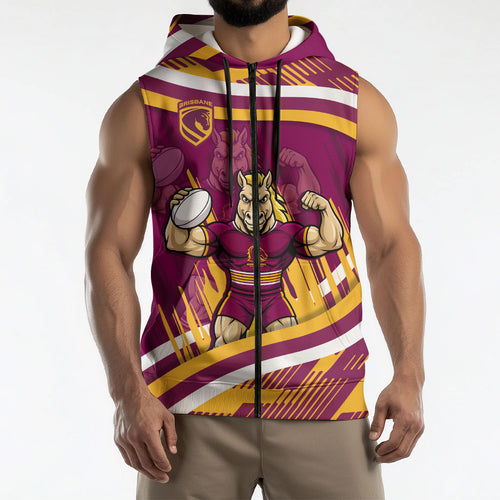Brisbane Broncos Rugby Mascot Sleeveless Zip Hoodie Fierce Athlete Graphic in Sports Style