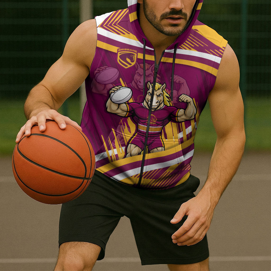 Brisbane Broncos Rugby Mascot Sleeveless Zip Hoodie Fierce Athlete Graphic in Sports Style