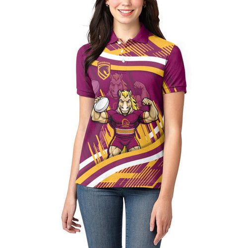 Brisbane Broncos Rugby Mascot Women Polo Shirt Fierce Athlete Graphic in Sports Style
